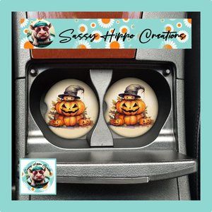 Car Coasters Jack O Lantern Pumpkin Witch Hat Spooky Halloween Set of 2 Neoprene